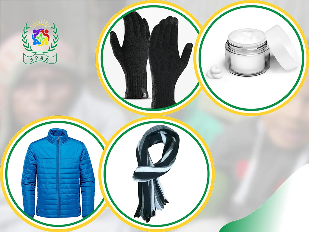 Jacket, Muffler, Hand Gloves and Cold Cream